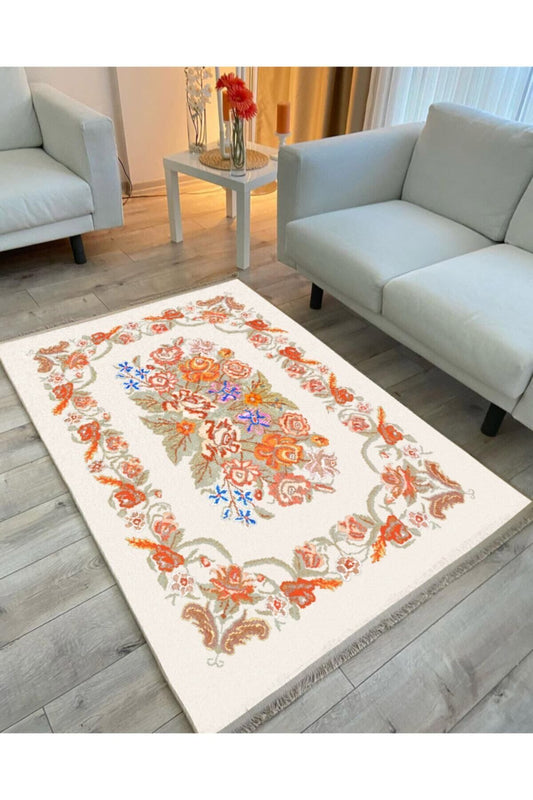 Halı Vagonu 2036 Multy Tonlarında Çiçekli Desen Kaymaz Taban Dekoratif Halı