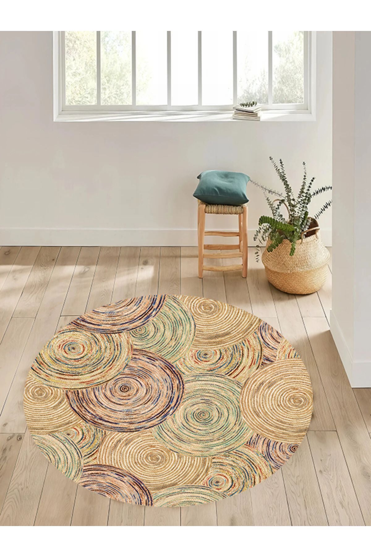 Boho 926 Jut Etnik Renkli Desenli Örgü Yuvarlak Natural Çift Taraflı Halı