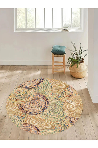 Boho 926 Jut Etnik Renkli Desenli Örgü Yuvarlak Natural Çift Taraflı Halı