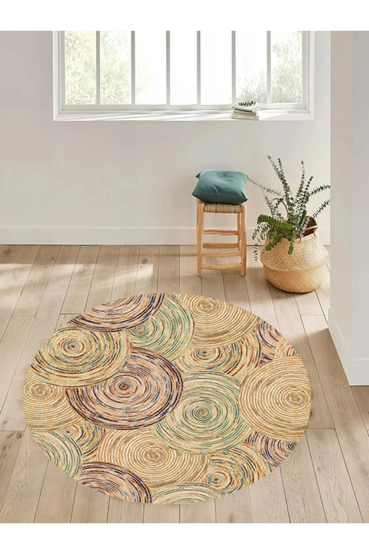 Boho 926 Jut Etnik Renkli Desenli Örgü Yuvarlak Natural Çift Taraflı Halı