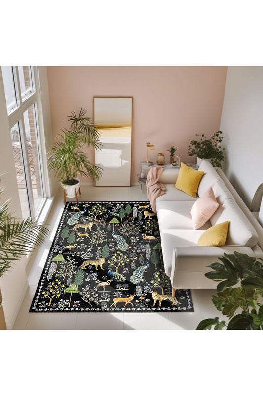 Floral HV  Haki Pastel Çok Renkli Botanik Tema Dokuma Taban Halı Salon Halısı Çocuk Halısı HV 253