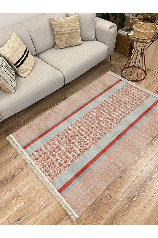 Cotton Serisi Kahve Tonlarında Eskitme Etnik Çizgi Desenli Dekoratif Dokuma Taban Kilim