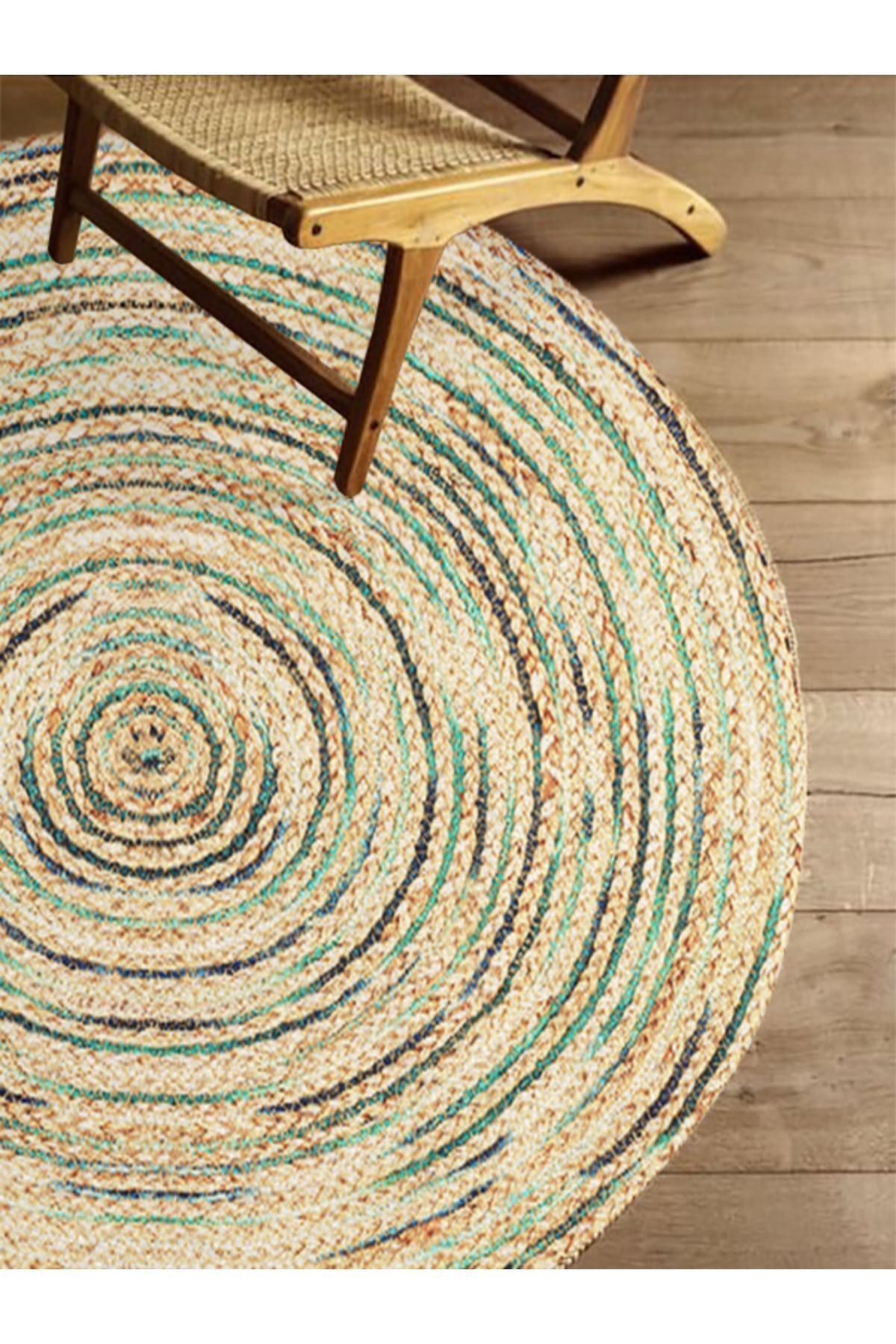 Boho 950 Jüt Rengi Ve Yeşil Desenli Örgü Yuvarlak Natural Çift Taraflı Halı