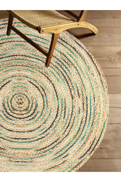 Boho 950 Jüt Rengi Ve Yeşil Desenli Örgü Yuvarlak Natural Çift Taraflı Halı