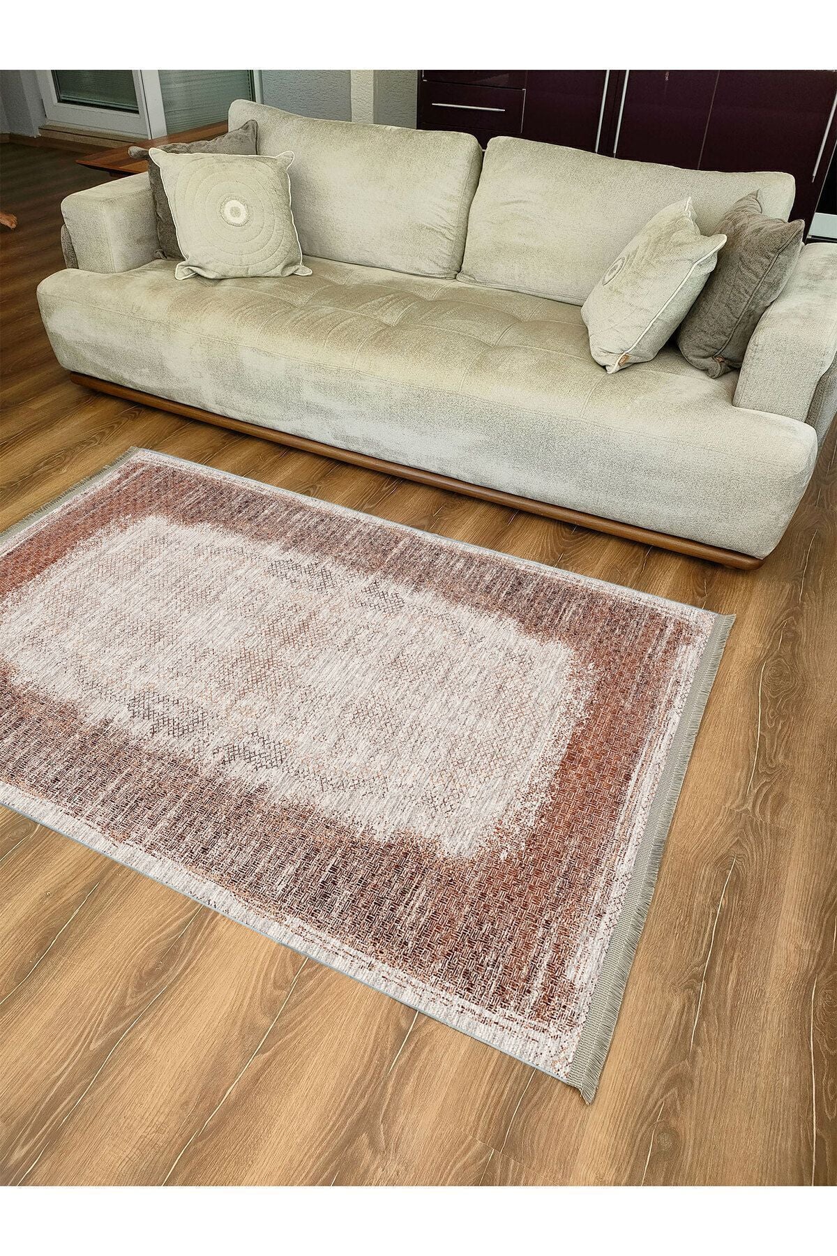 Halı Vagonu Halı 2096 Kahve Tonunda Geometrik Kilim Salon Halısı Saçaklı Yıkanabilen Halı