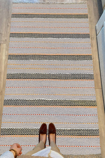 Cotton Serisi Gri Tonlarında Düz Çıtır Çizgili Multy Ponponlu Dekoratif Dokuma Taban Kilim