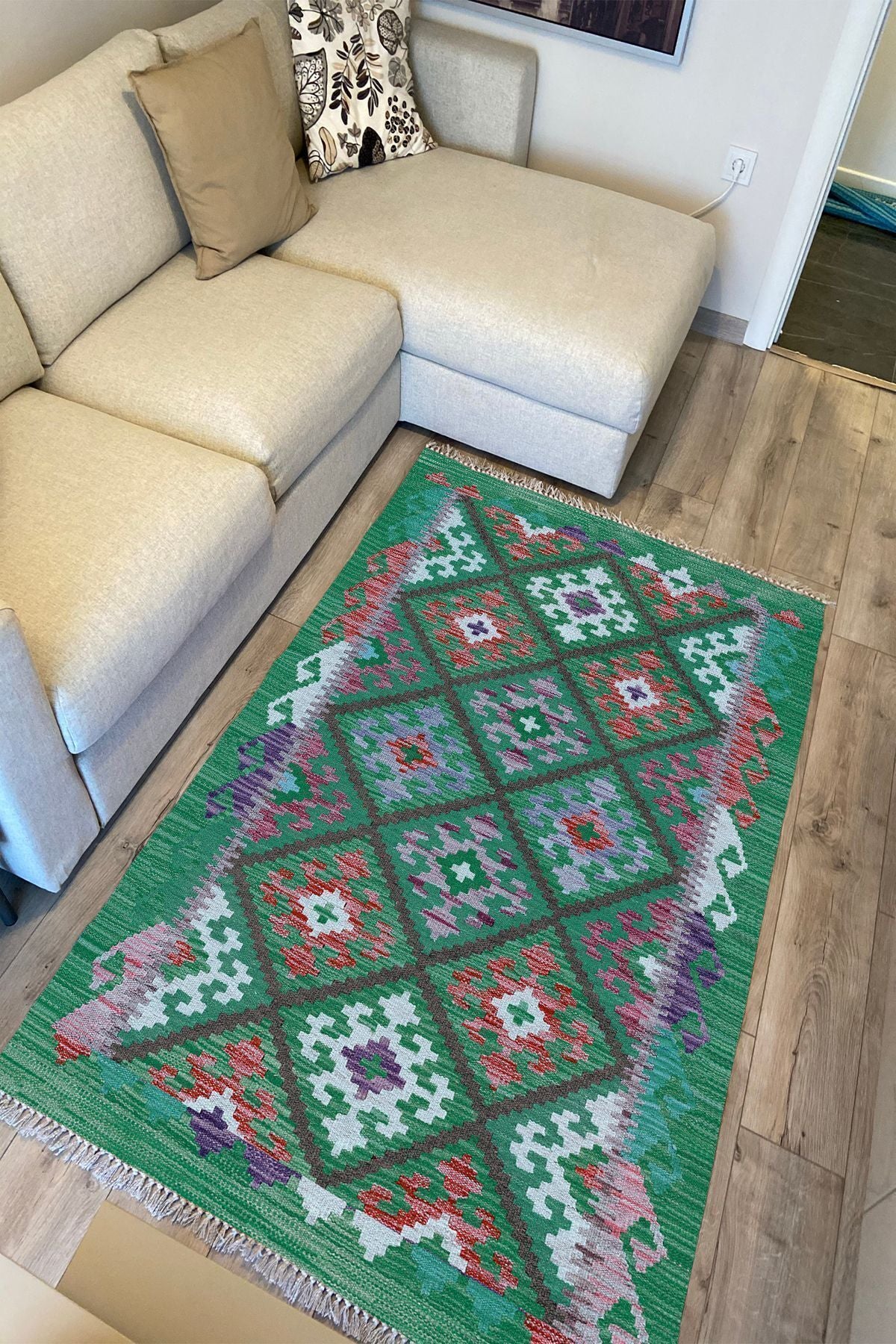 Cotton Kilim 62 Yeşil Geleneksel Motifler Modern Dekoratif Saçaklı Yıkanabilen Dokuma Kilim