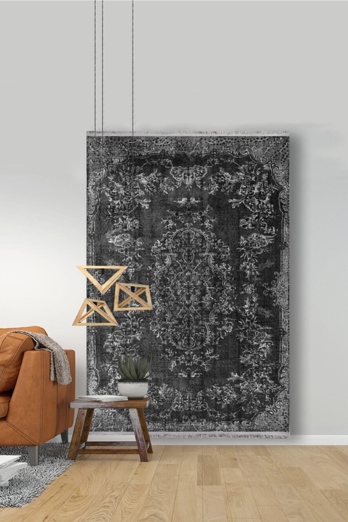 Halı Vagonu 2002 Gri Tonlarında Geometrik Desen Kaymaz Taban Dekoratif Halı