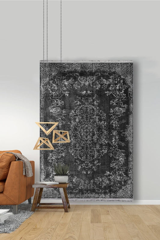 Halı Vagonu 2002 Gri Tonlarında Geometrik Desen Kaymaz Taban Dekoratif Halı