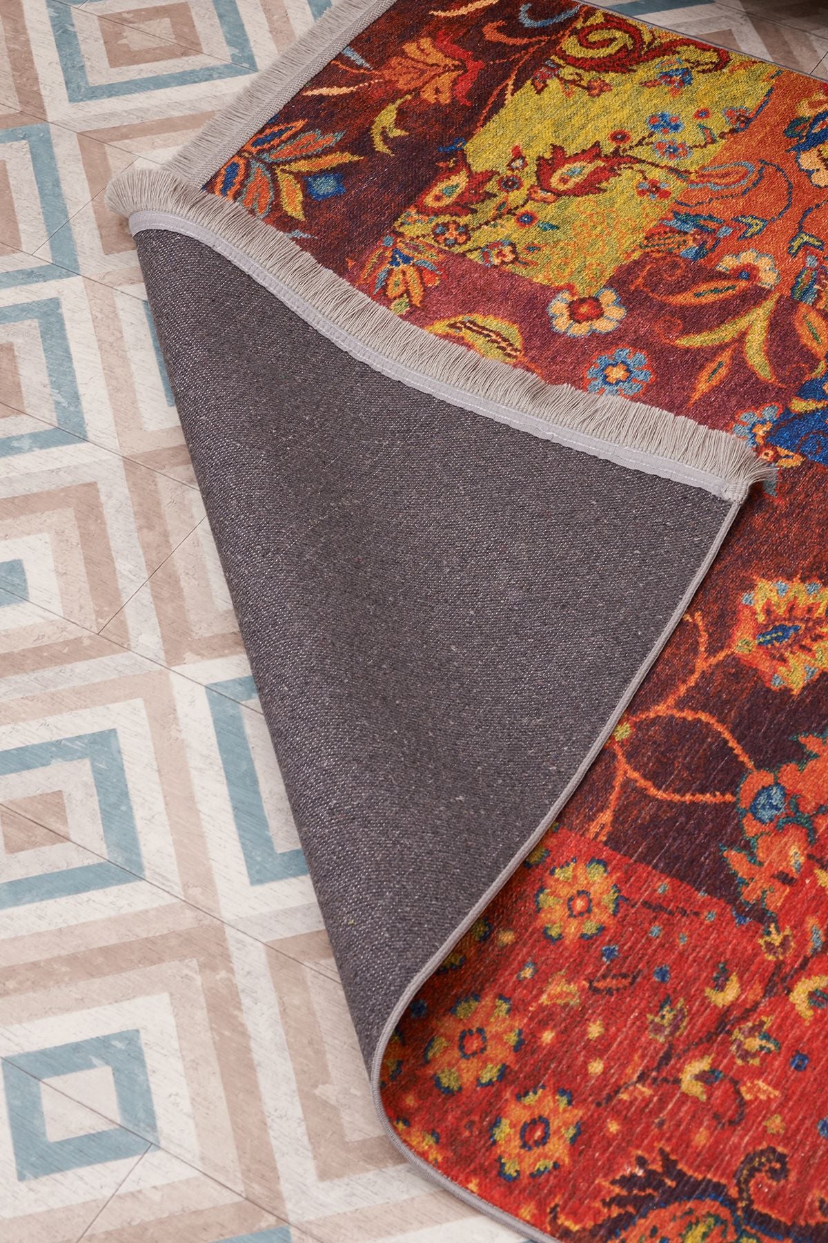 Halı Vagonu 2036 Renkli Etnik Eskitme Pamuk  Dokuma Taban Halı