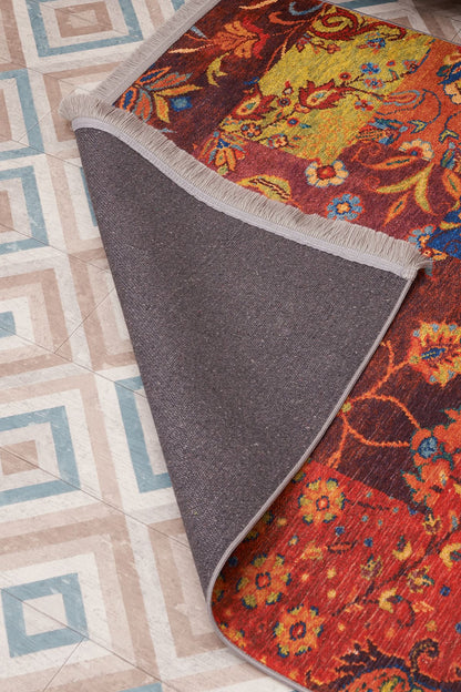 Halı Vagonu 2036 Renkli Etnik Eskitme Pamuk  Dokuma Taban Halı