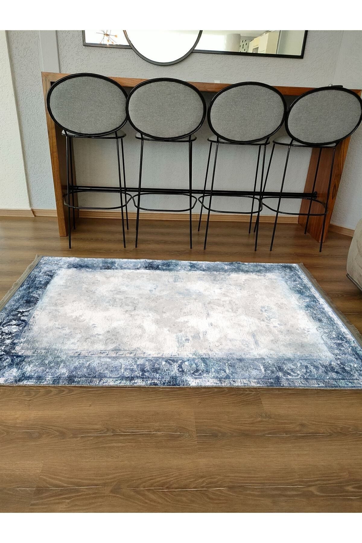 Halı Vagonu Serisi Mavi Krem Tonlarında Etnik Geometrik Desen Kaymaz Taban Şönil Halı