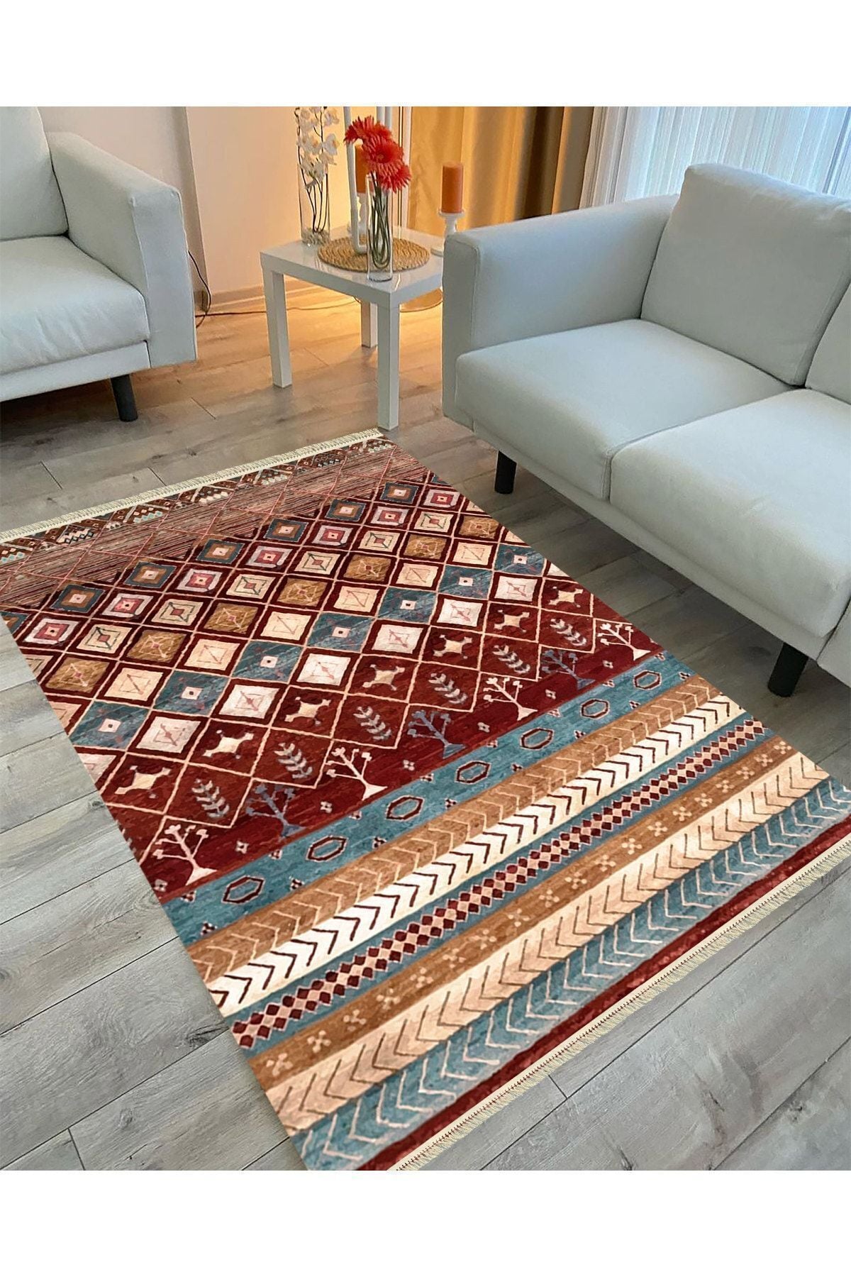Cotton Serisi Multy Tonlarında Geometrik Antika Desenli Çift Taraflı Dekoratif Dokuma Taban Kilim