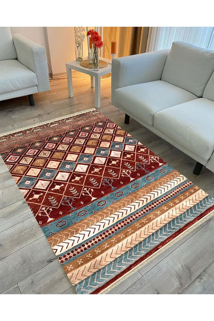 Cotton Serisi Multy Tonlarında Geometrik Antika Desenli Çift Taraflı Dekoratif Dokuma Taban Kilim