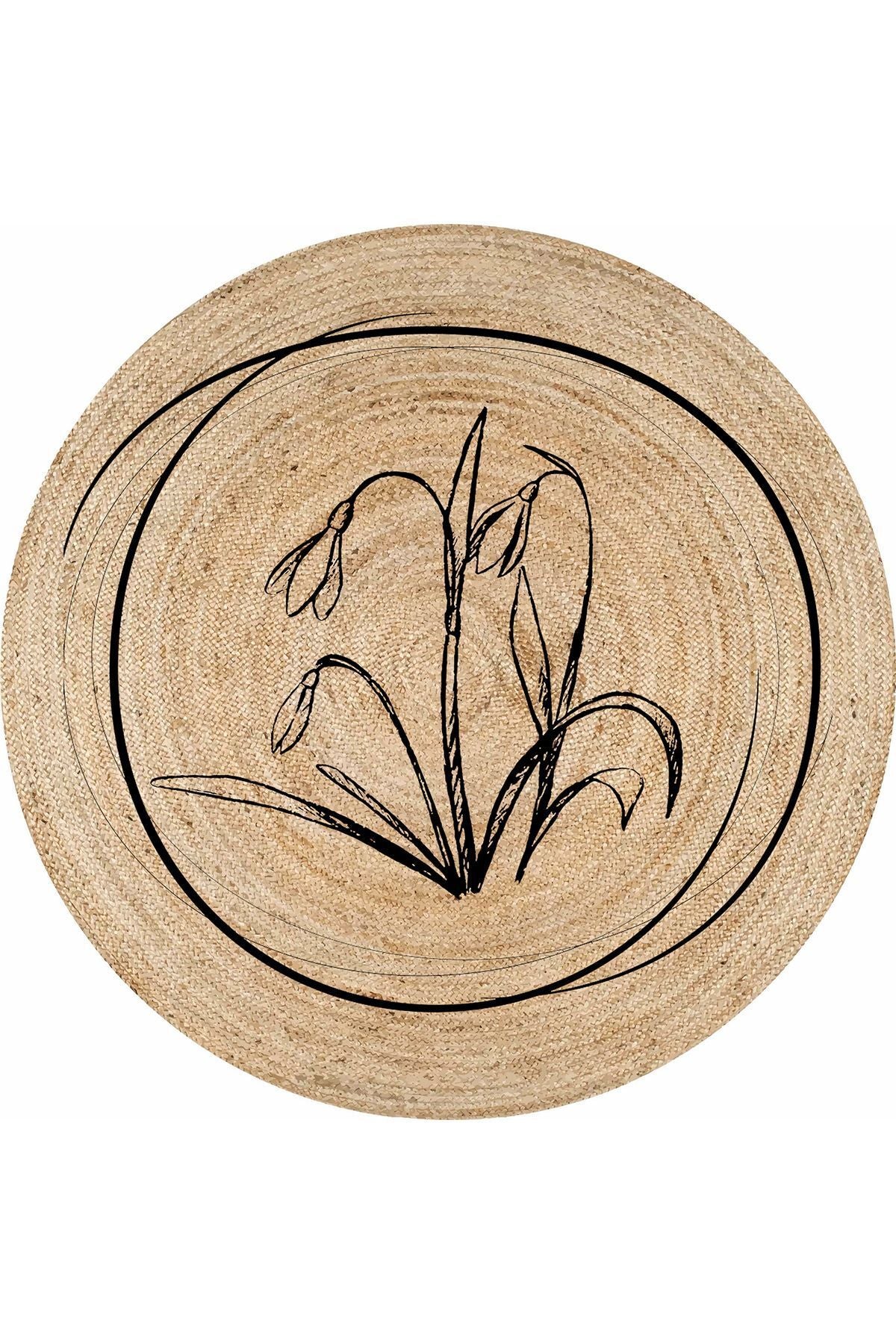 Boho 902 Jüt Doğa Iplik Ile Üretilmiş Çiçek Desenli Yuvarlak Natural Renk Çift Taraflı Halı'nın detaylı görünümü, jüt ipliğin doğal yapısını sergiliyor.