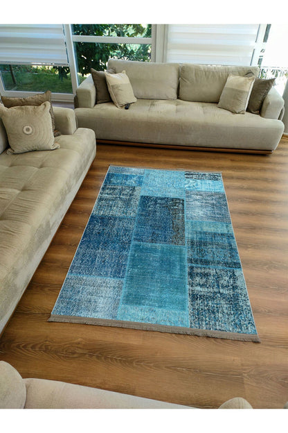 Halı Vagonu Halı 2090 Mavi Tonunda Dekoratif Halı Salon Halısı Saçaklı Yıkanabilen Halı