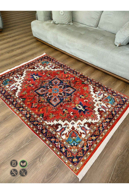 Halı Vagonu Kırmızı Tonlarında Etnik Eskitme Pamuk  Dokuma Taban Halı 2253