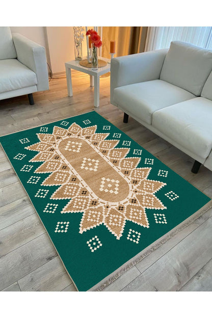 Halı Vagonu106 Yeşil Tonlarında Klasık Dekoratif Salon Halısı Saçaklı Yıkanabilen Halı