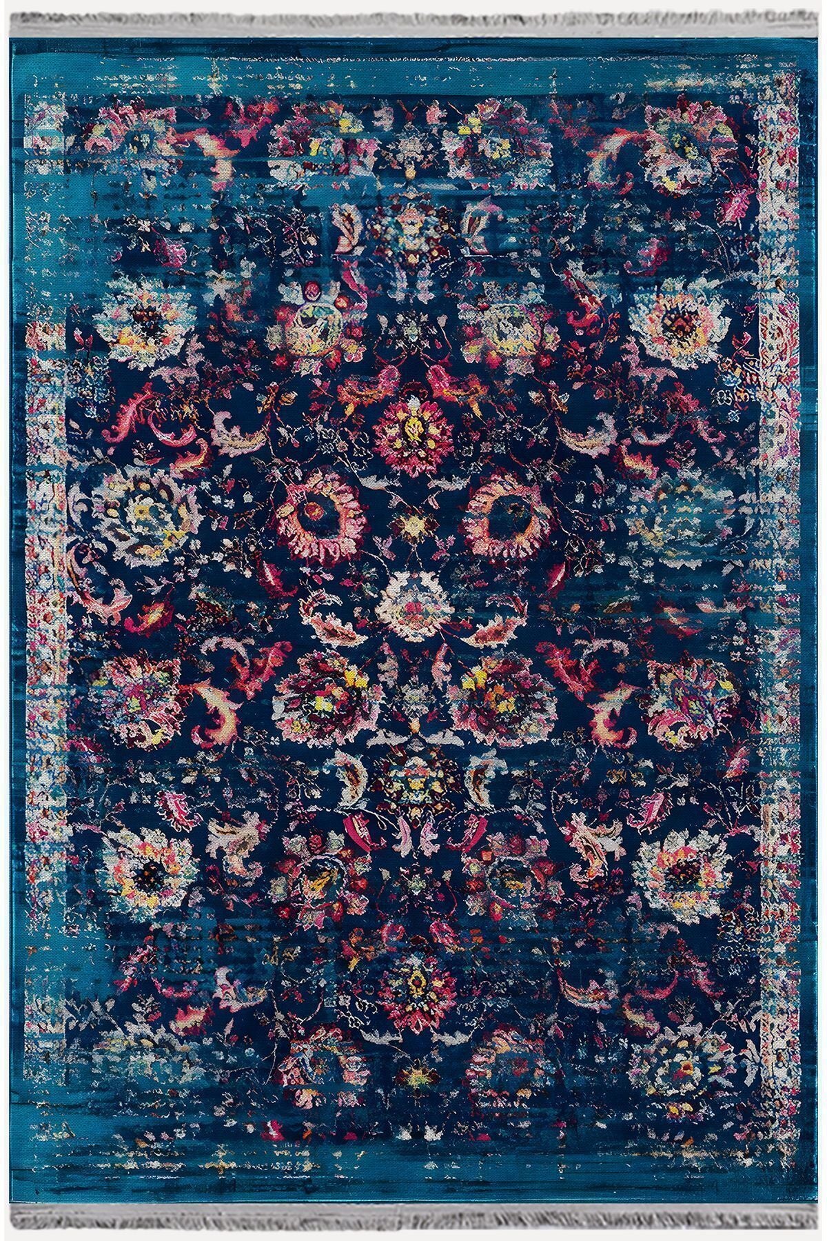 Halı Vagonu Halı 96 Lacivert Tonlarında Klasık Dekoratif Halı Salon Halısı Saçaklı Yıkanabilen Halı