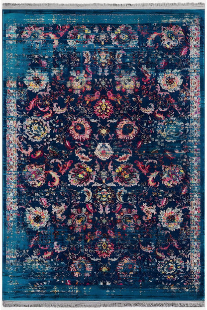 Halı Vagonu Halı 96 Lacivert Tonlarında Klasık Dekoratif Halı Salon Halısı Saçaklı Yıkanabilen Halı