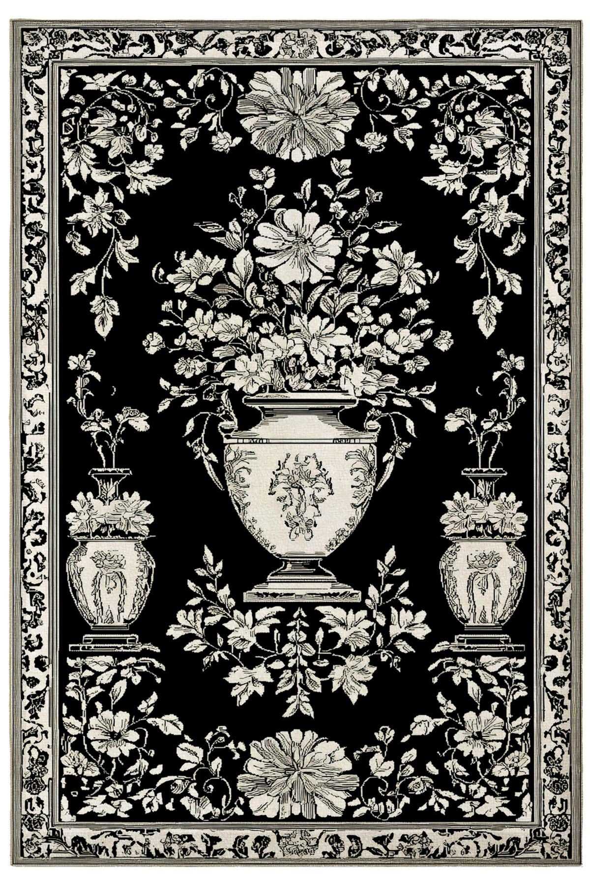 Siyah Beyaz Çiçekli Vintage Tema Salon Halısı Mutfak Halısı Yolluk Otantik Halı Halı Vagonu 226