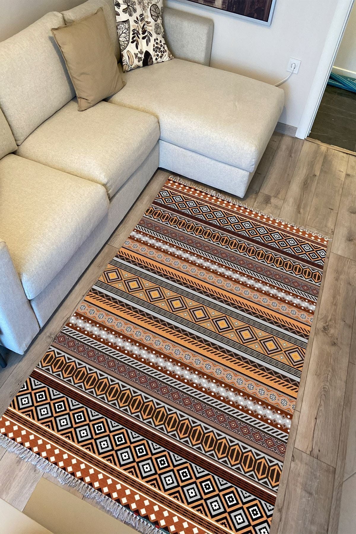 Cotton Serisi Hardal Ve Natural Tonlarında Geometrik Eskitme Desen Dekoratif Dokuma Taban Kilim