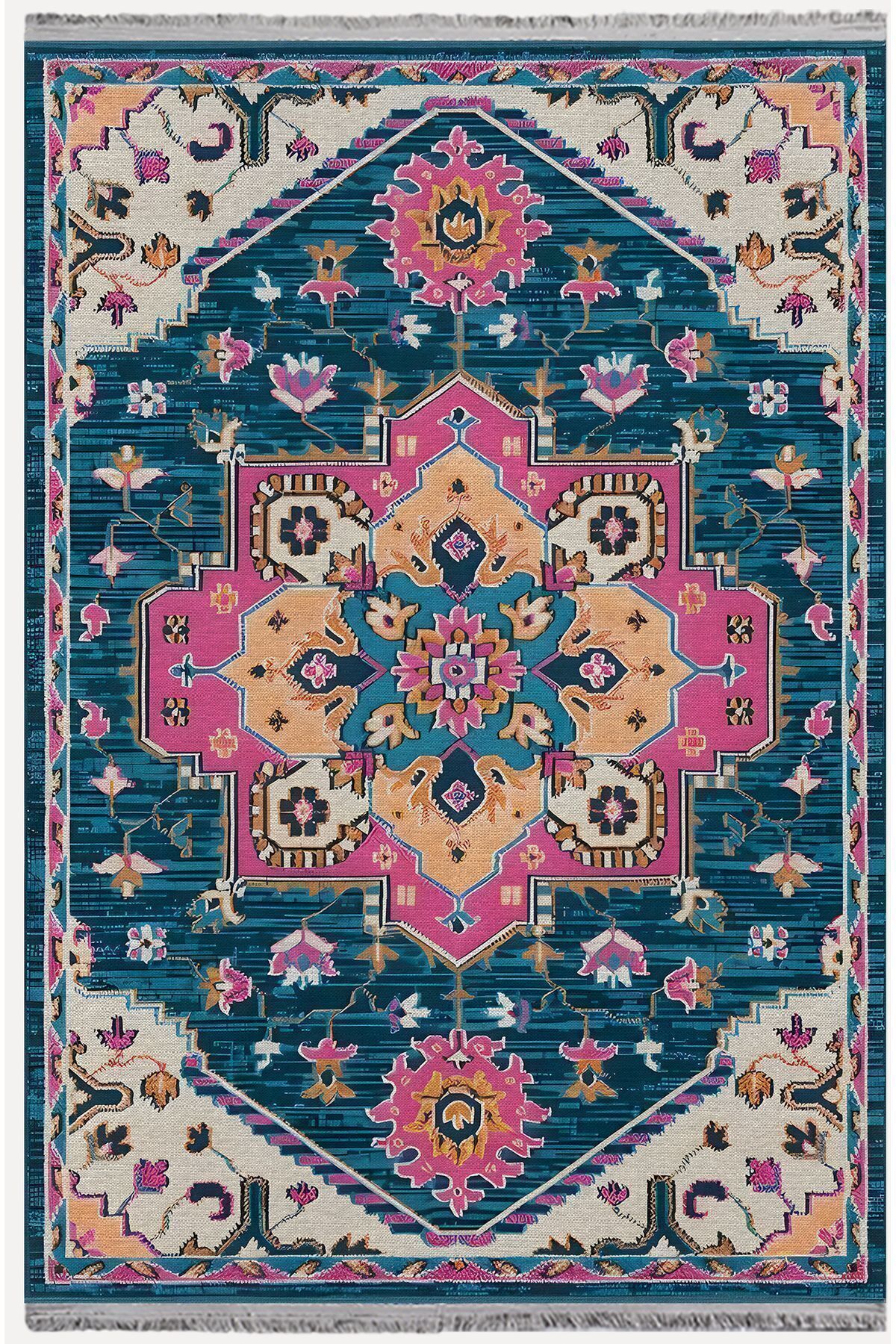 Halı Vagonu86 Etnik Desenli Yıkanabilir Kaymaz Tabanlı Salon Halısı, Koridor Ve Mutfak Halısı