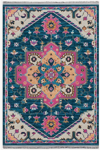 Halı Vagonu86 Etnik Desenli Yıkanabilir Kaymaz Tabanlı Salon Halısı, Koridor Ve Mutfak Halısı