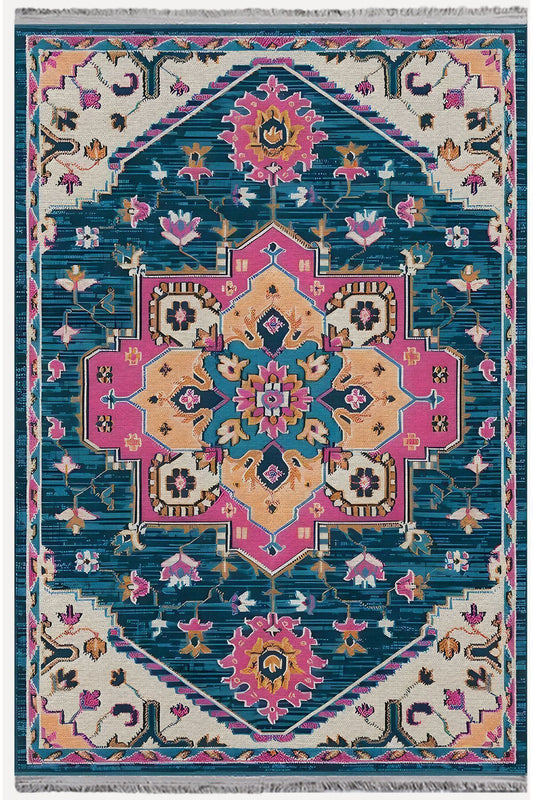 Halı Vagonu86 Etnik Desenli Yıkanabilir Kaymaz Tabanlı Salon Halısı, Koridor Ve Mutfak Halısı