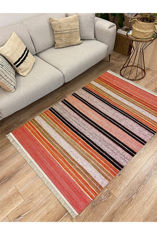 Cotton Serisi Hasır Görümlü Çıtır Düz Çizgili Eskitme Desen Dekoratif Dokuma Taban Kilim