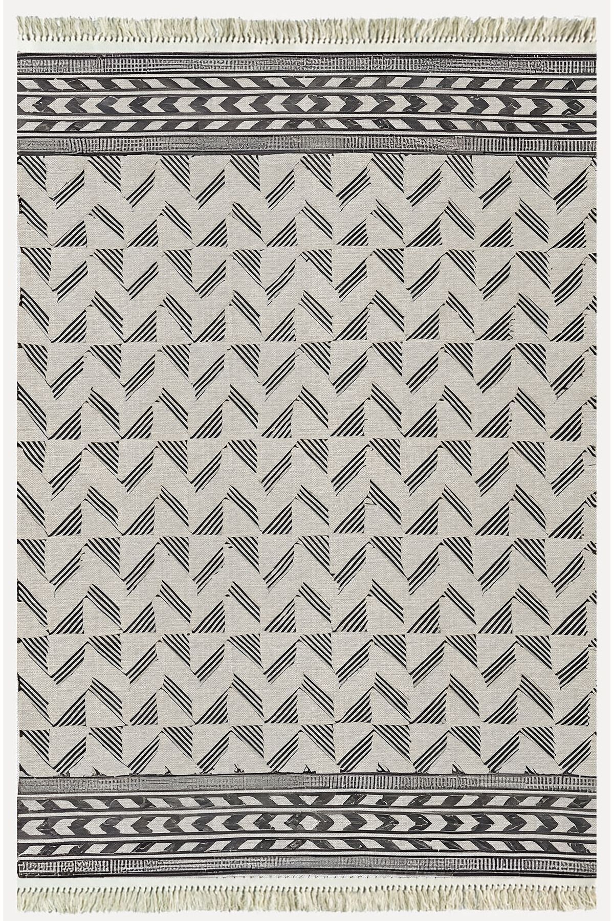 Cotton Kilim 14 Gri Zeminli Çizgili Desenli Dekoratif Yıkanabilen Dokuma Taban Kilim