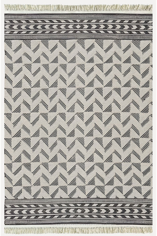 Cotton Kilim 14 Gri Zeminli Çizgili Desenli Dekoratif Yıkanabilen Dokuma Taban Kilim