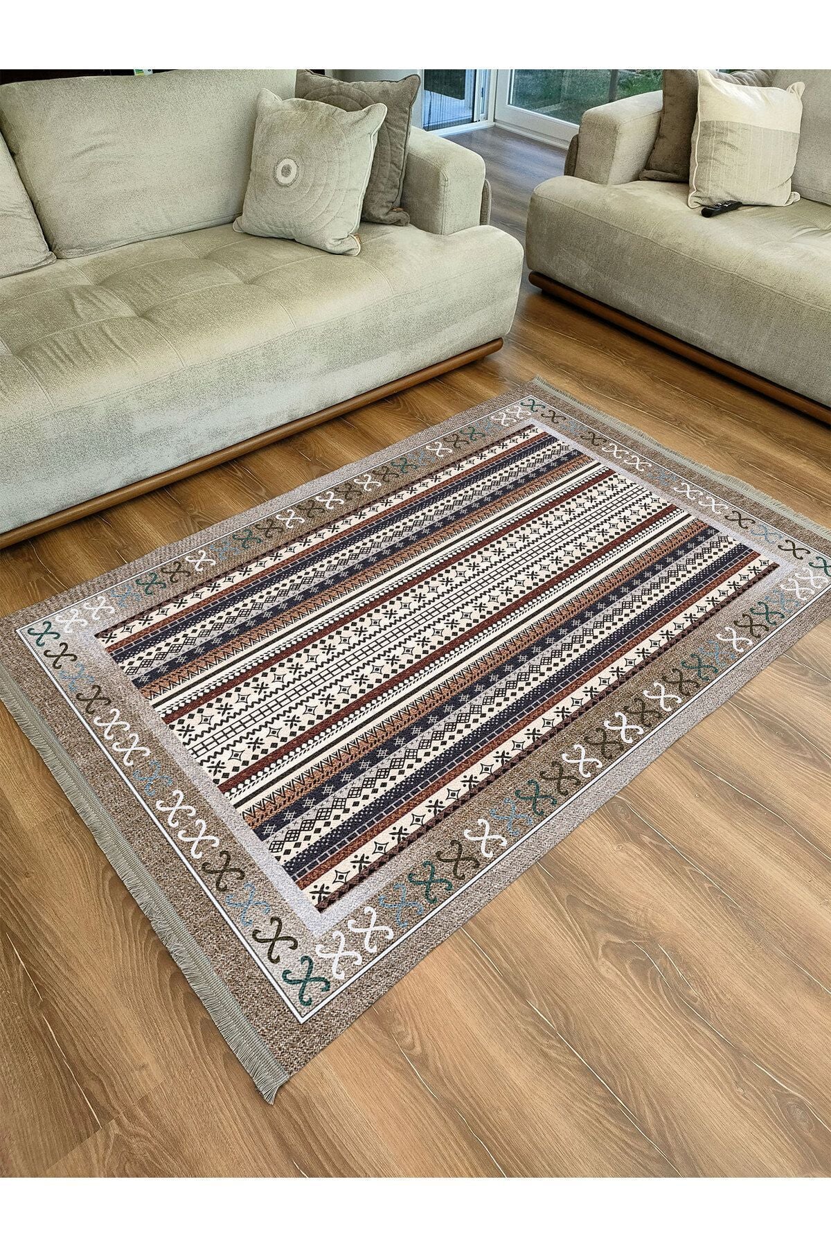 Halı Vagonu Halı 2075 Kahve Tonunda Dekoratif Halı Salon Halısı Saçaklı Yıkanabilen Halı