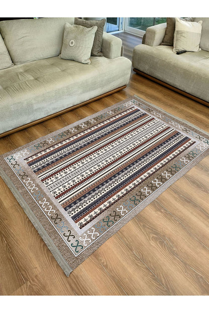 Halı Vagonu Halı 2075 Kahve Tonunda Dekoratif Halı Salon Halısı Saçaklı Yıkanabilen Halı