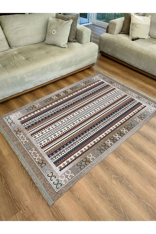 Halı Vagonu Halı 2075 Kahve Tonunda Dekoratif Halı Salon Halısı Saçaklı Yıkanabilen Halı