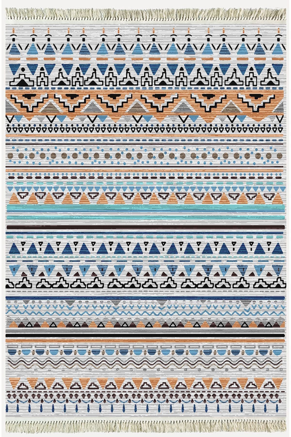 Cotton Kilim 26 Multi Geleneksel Motif Çizgili Desenli Dekoratif Yıkanabilen Dokuma Taban Kilim