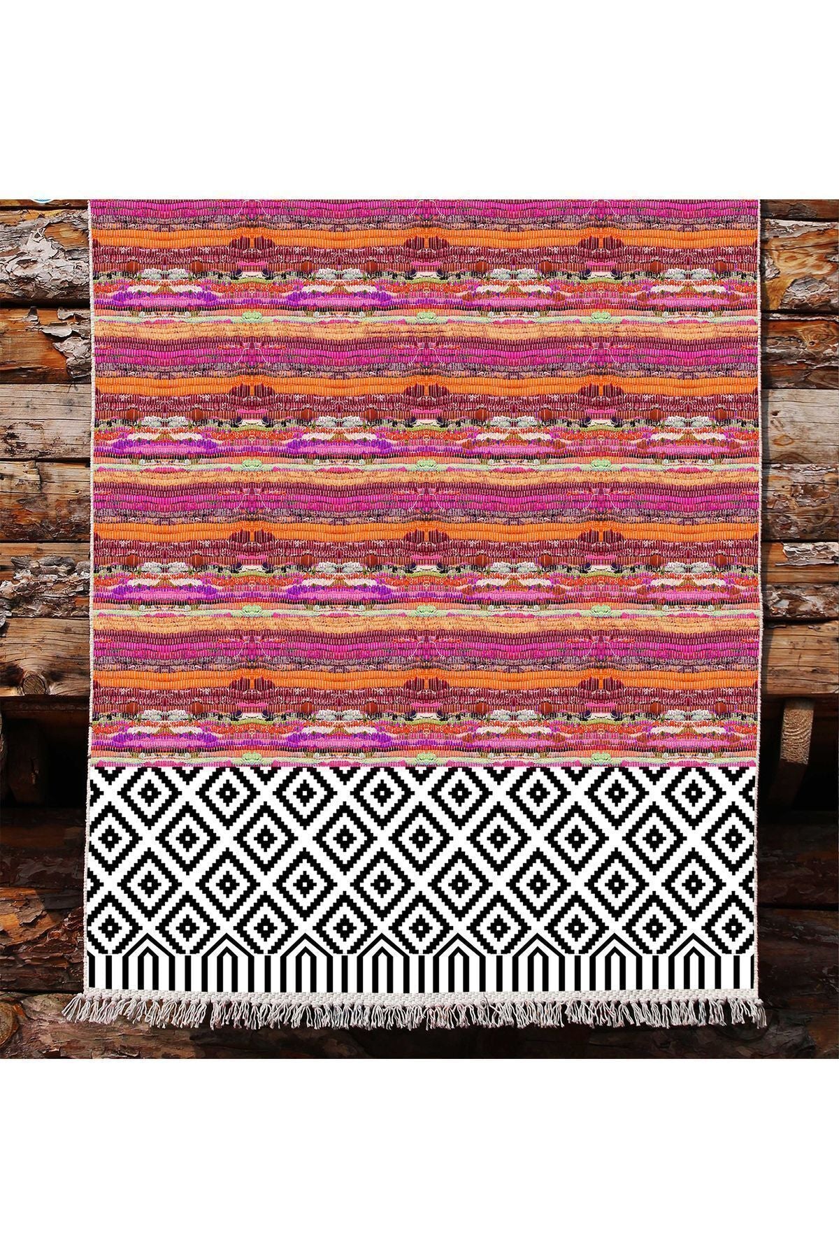 Cotton Kilim 53 Multy Geleneksel Motifler Modern Dekoratif Saçaklı Yıkanabilen Dokuma Kilim