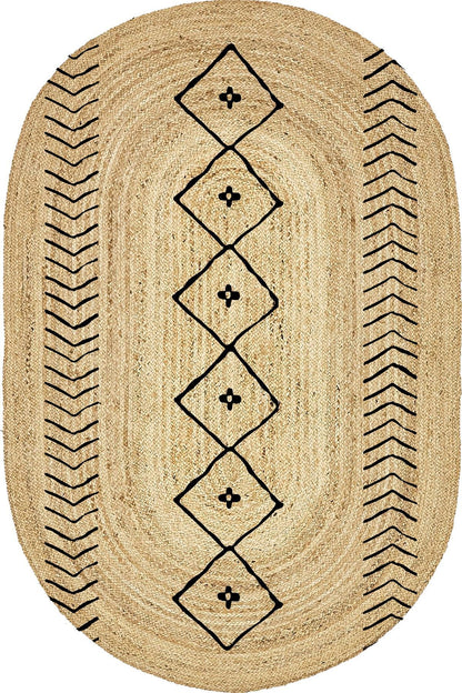 Boho 956 Oval Siyah Etnik Desenli Jüt Rengi Örgü Yuvarlak Natural Çift Taraflı Halı