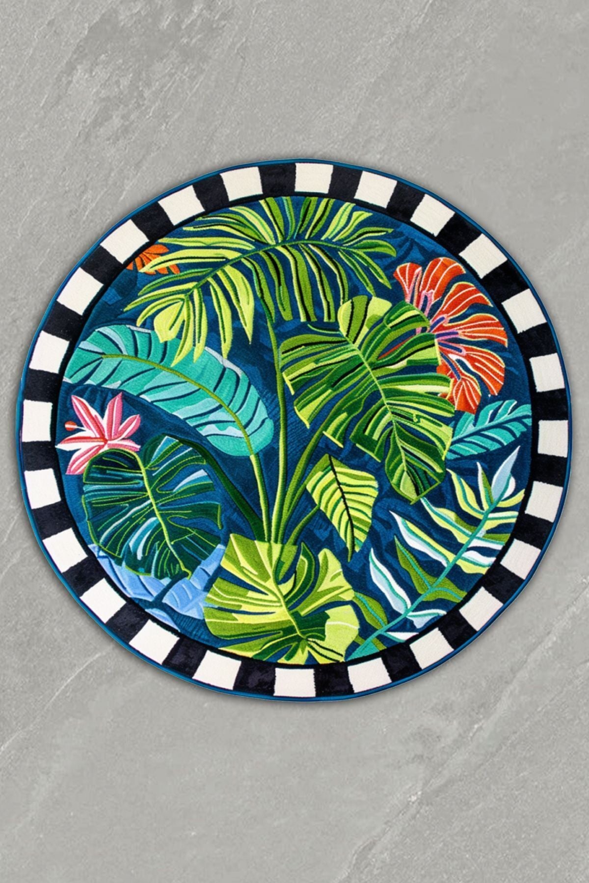 Halı Vagonu 164 Tropikal Yeşil Canlı Renkli Dama Desenli Dokuma Taban Yuvarlak Halı