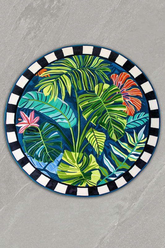 Halı Vagonu 164 Tropikal Yeşil Canlı Renkli Dama Desenli Dokuma Taban Yuvarlak Halı