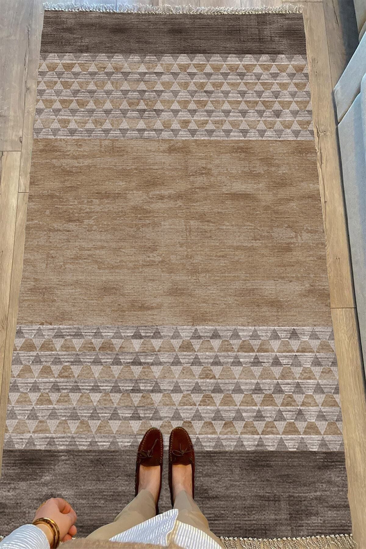 Cotton Serisi Kahve Tonlarında Baklava Eskitme Otantik Desenli Dekoratif Dokuma Taban Kilim