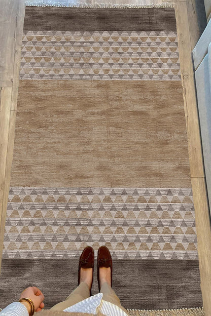 Cotton Serisi Kahve Tonlarında Baklava Eskitme Otantik Desenli Dekoratif Dokuma Taban Kilim