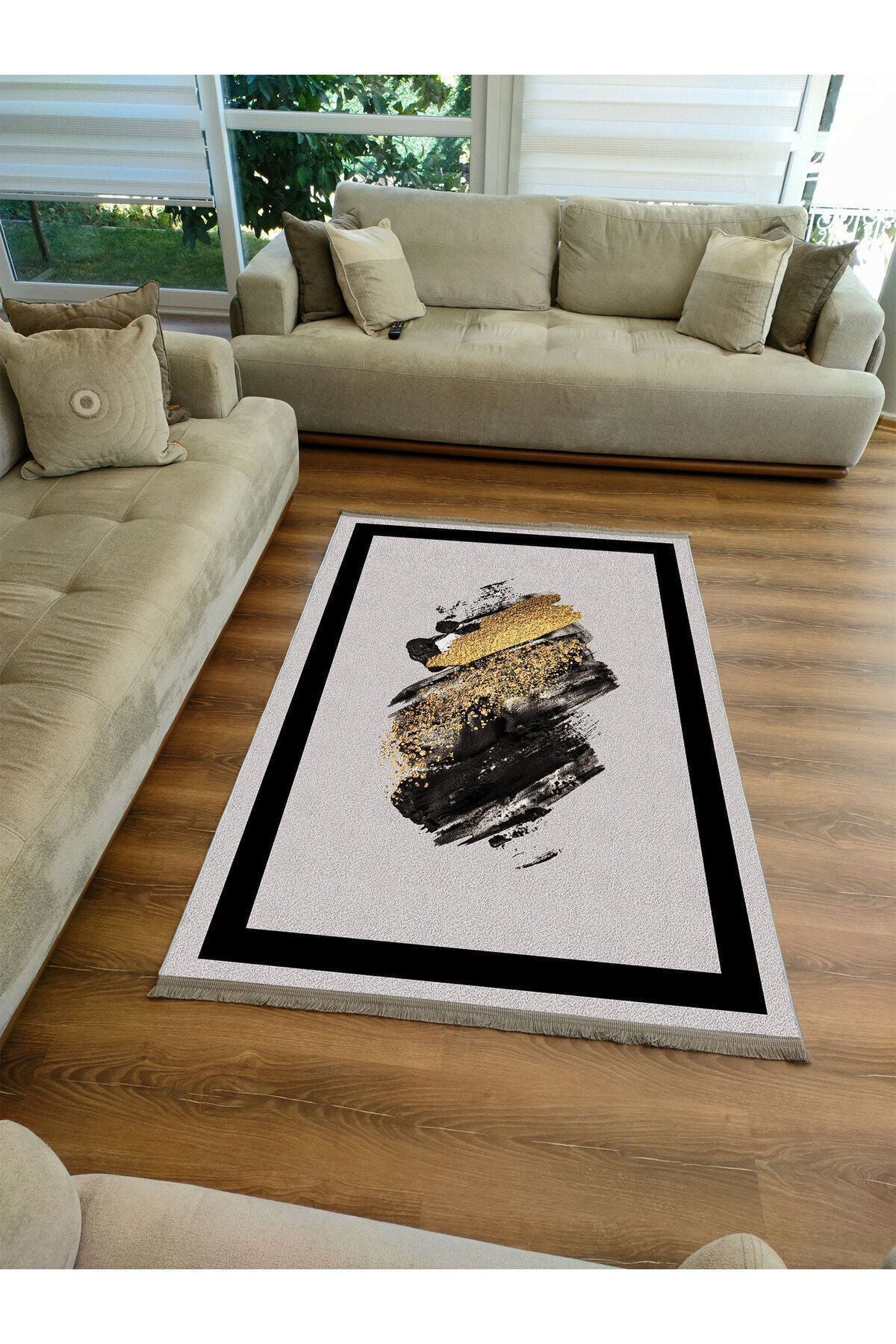 Halı Vagonu Halı 2076 Gri Siyah Bordürlü Soyut Dekoratif Halı Salon Halısı Saçaklı Yıkanabilen Halı