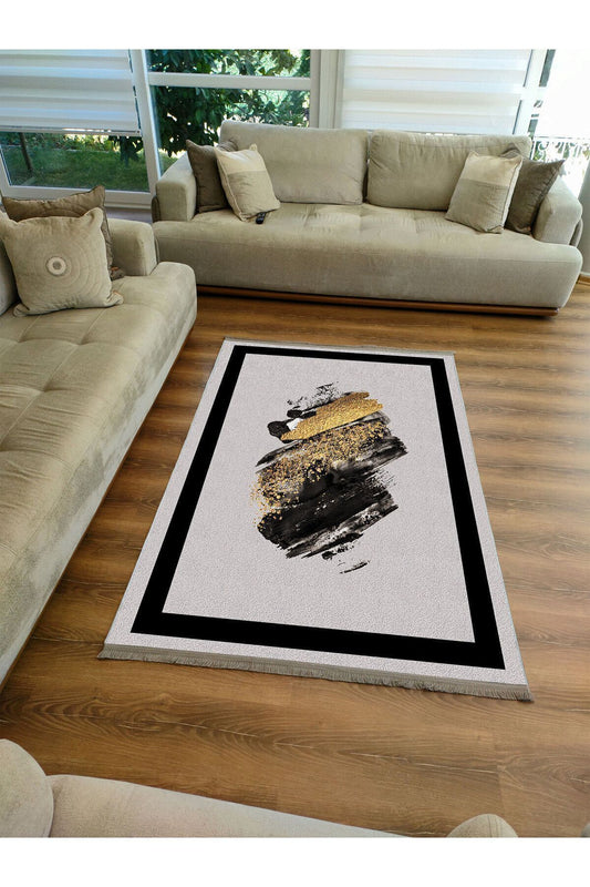 Halı Vagonu Halı 2076 Gri Siyah Bordürlü Soyut Dekoratif Halı Salon Halısı Saçaklı Yıkanabilen Halı