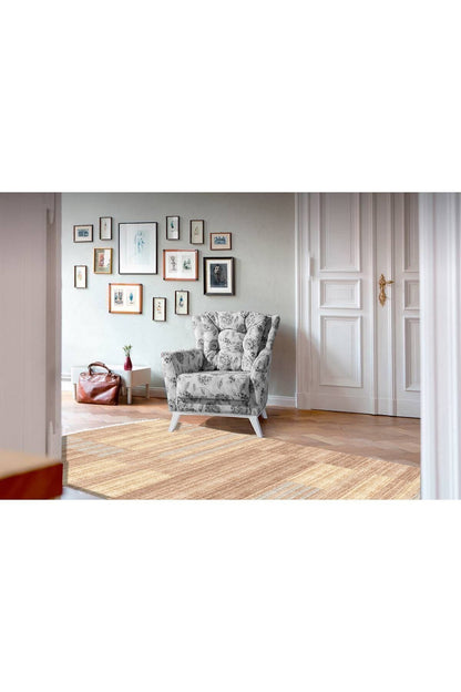 Cotton Serisi Kahve Tonlarında Hasır Görünmlü Eskitme Desen Dekoratif Dokuma Taban Kilim