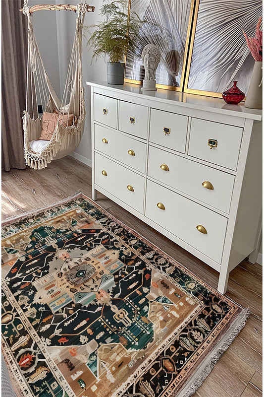 Halı Vagonu87 Etnik Desenli Yıkanabilir Kaymaz Tabanlı Salon Halısı, Koridor Ve Mutfak Halısı