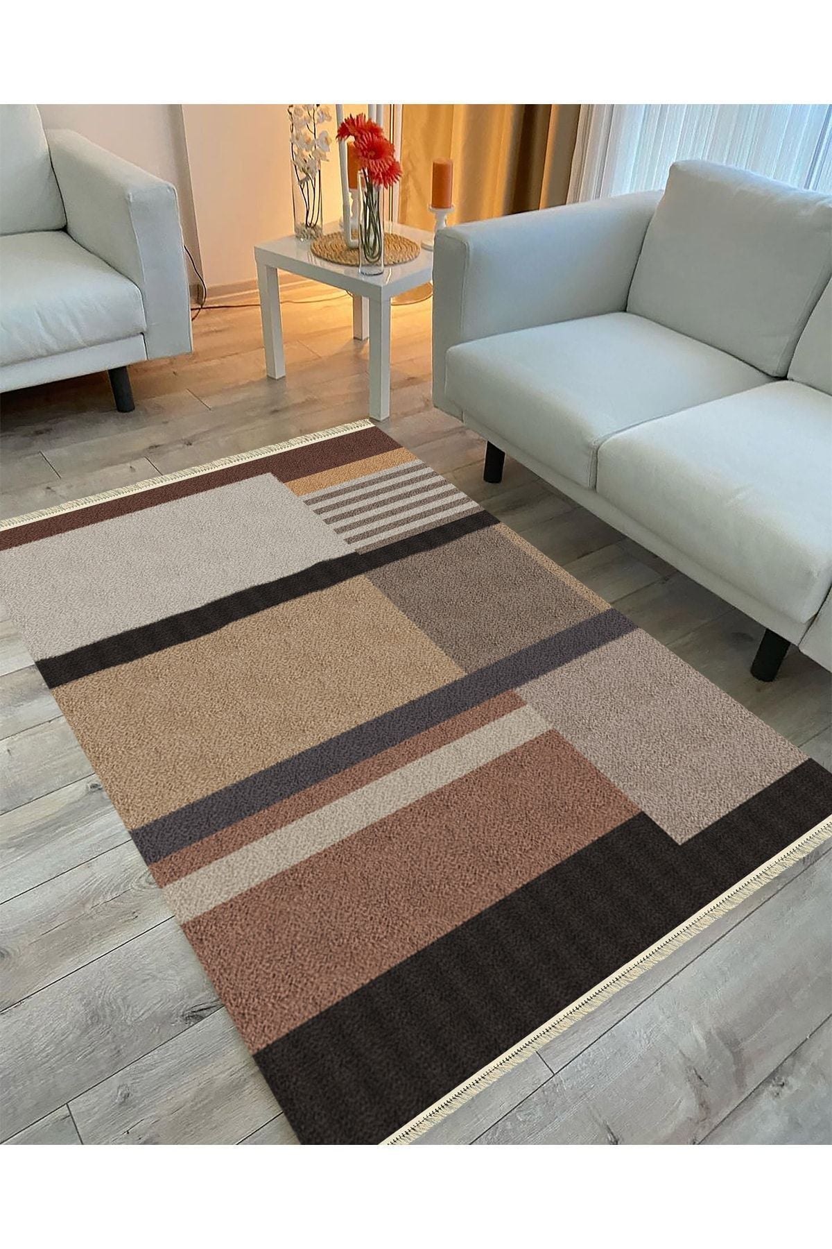 Cotton Serisi Kahve Tonlarında Geometrik Tüylü Görünümlü Modern Desen Dekoratif Dokuma Taban Kilim