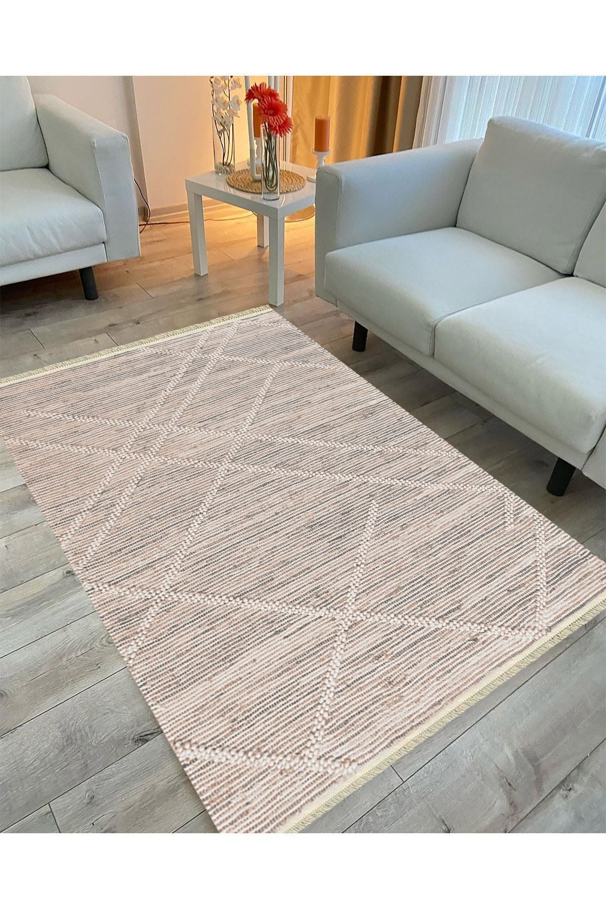 Cotton Serisi Gri Tonlarında Hasır Çizgileri Eskitme Desen Dekoratif Dokuma Taban Kilim