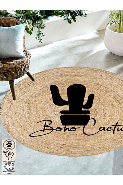 Boho 903 Doğa Ve Botanik Kaktüs Desenli Etnik Örgü Yuvarlak Natural Renk Çift Taraflı Halı için doğal jüt örgüsü detayları.