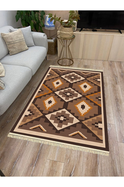 Cotton Serisi Siyah Ve Kahve Tonlarında Geometrik Eskitme Desenli Dekoratif Dokuma Taban Kilim